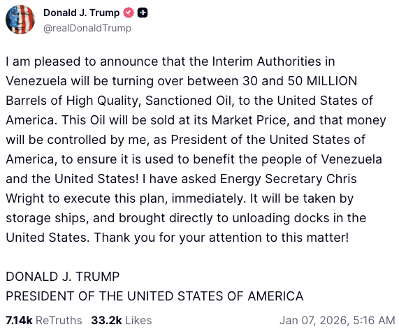 Trump Claims Venezuela Will Turn Over Up to 50 Million Barrels Of Oil To the US, With Proceeds ‘Controlled by Me’