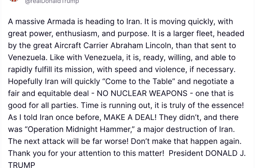Trump Warns Iran As ‘Massive Armada’ Heads Toward Region: ‘Come To The Table…’