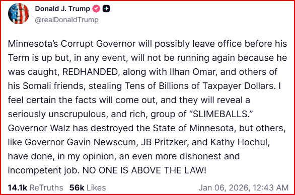 Minnesota Governor Tim Walz Drops Reelection Bid Amid Welfare-Fraud Scandal, Trump Says ‘No One Is Above The Law’