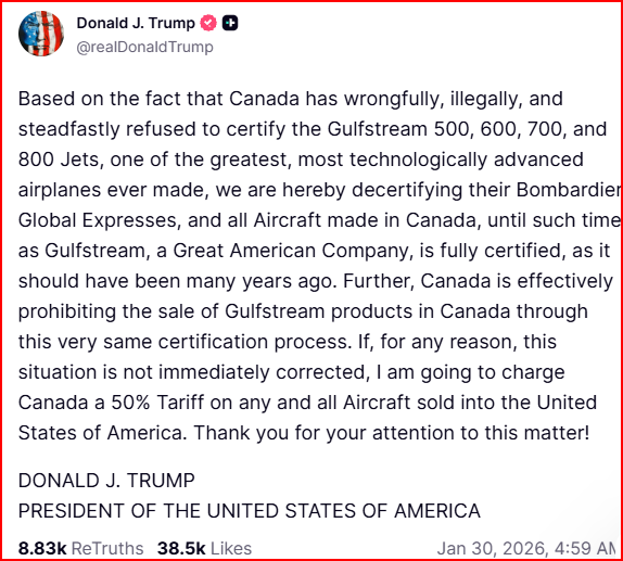 Trump Revokes Certification Of Canadian Aircraft, Threatens 50% Tariff Over US-Made Gulfstream Jets Dispute