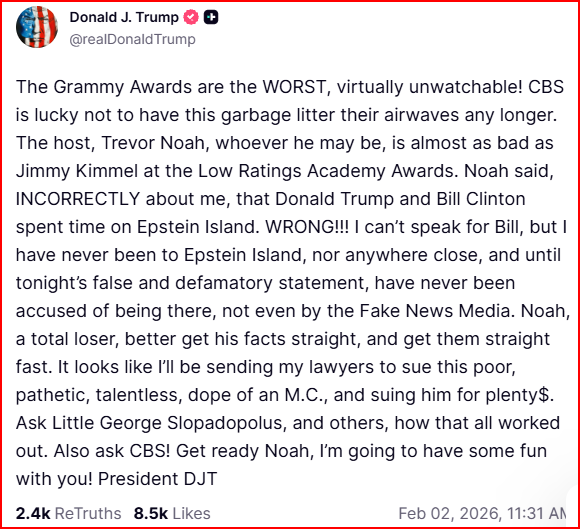 Trump Threatens To Sue Trevor Noah Over ‘False And Defamatory’ Grammy Jokes