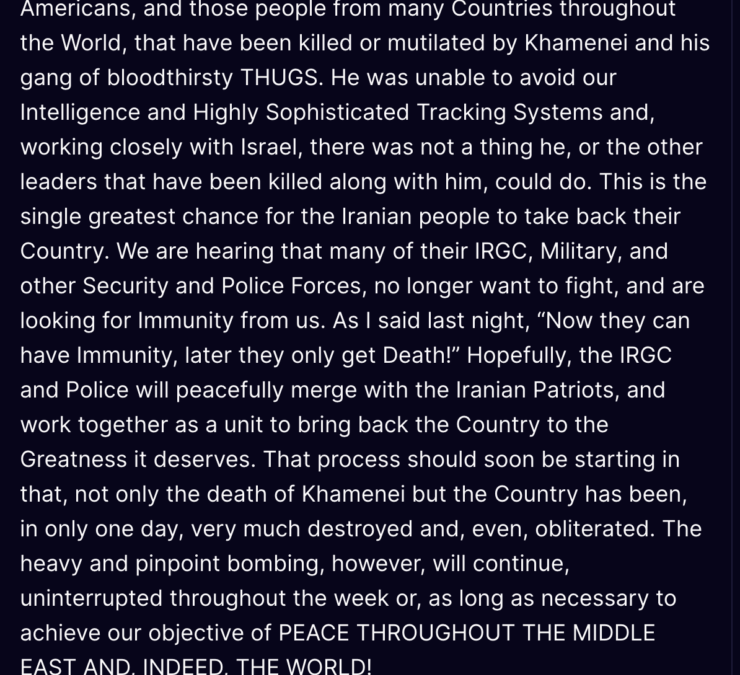 Trump Says Iran’s Khamenei Is Dead, Calls It ‘Justice’—’Chance For The Iranian People To Take Back Their Country’