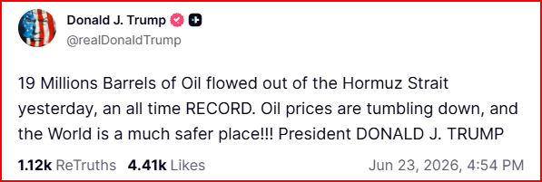 Trump Flags ‘Record’ 19 Million-Barrel Hormuz Oil Flow, Cheers Lower Prices: ‘The World Is A Much Safer Place…’